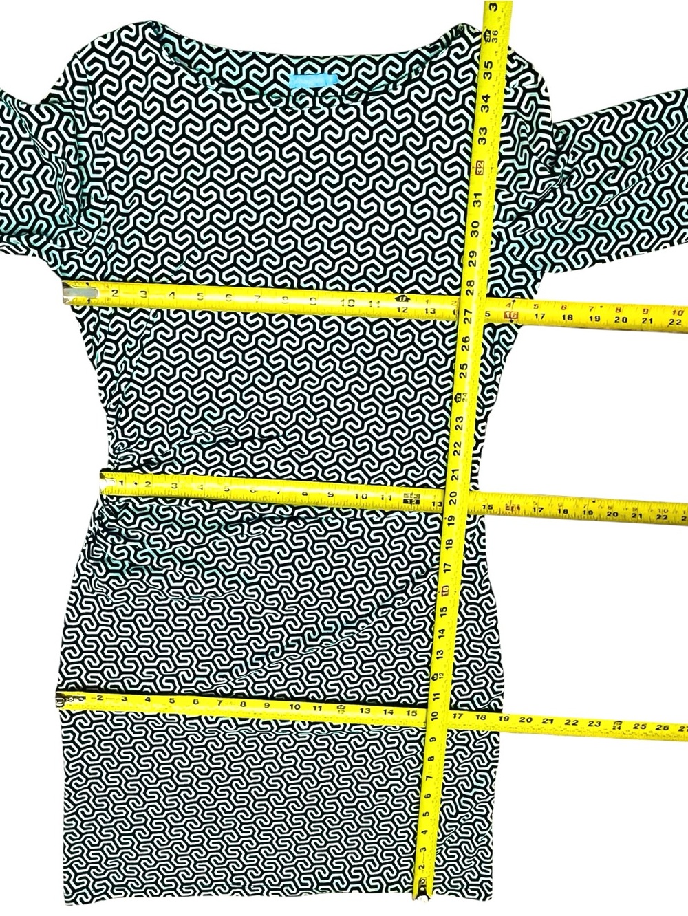 J McLaughlin Dress Catalina Cloth Mint Green Black Geometric Print Ruched Sz S - Picture 10 of 13